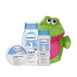 Set cadou cosmetice baby, crema 150ml + pudra 100g + ulei 250ml + manusa spat - Kids Puder Broscuța Verde