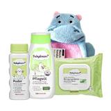 Set cadou Cosmetice baby, lotiune 250ml + pudra 100g + servetele 25buc, manusa spalat copii - Puder Kids Broscuța Blue