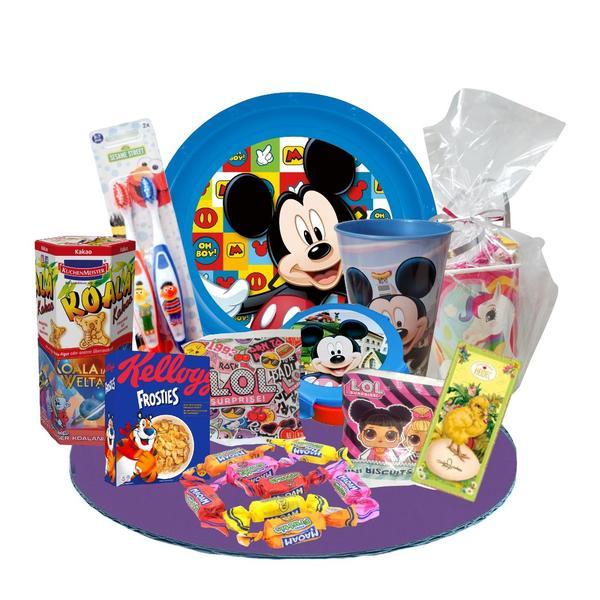 Set cadou pentru copii, 3x Pahar + Farfurie + Cutie + 2x Periuta + 3x Biscuiti 75g + Cereale 25g + Ciocolata 30g, Mickey Mouse