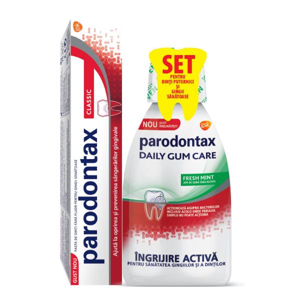 Set pentru dintri puternici si gingii sanatoase paradontax gsk: pasta de dinti paradontax clasic gsk, 75 ml + apa de gura paradontax daily gum care fresh mint gsk, 300 ml