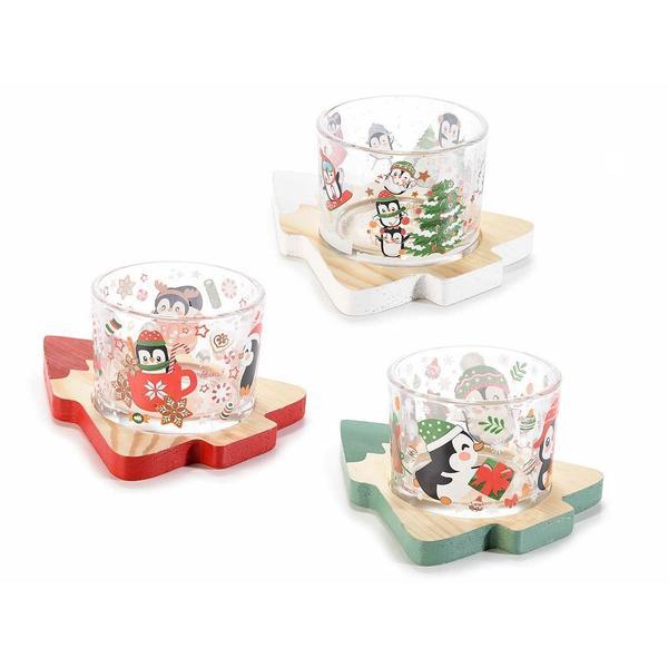 Set 3 boluri pentru aperitive din sticla cu suporturi lemn model craciun 10x13 cm