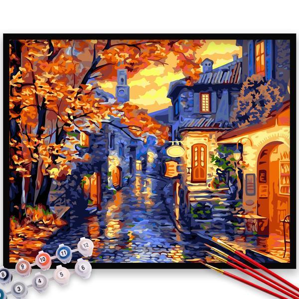 Kit pictura pe numere, panza, rama lemn, pensule si culori acrilice, 40x50 cm, toamna, m1626