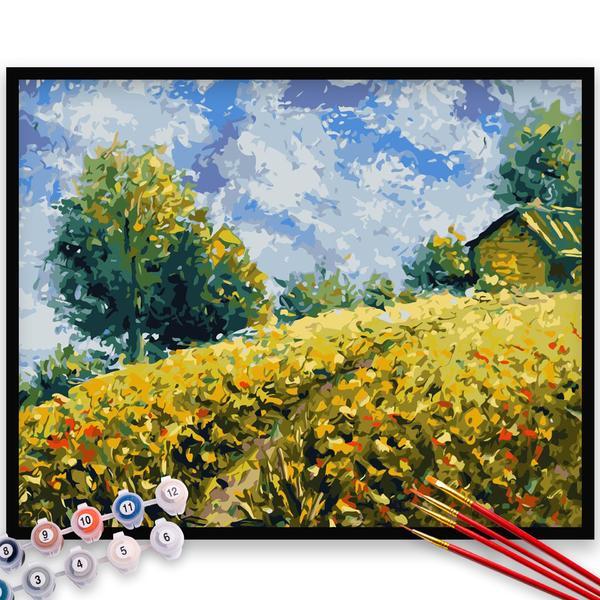 Kit pictura pe numere, panza, rama lemn, pensule si culori acrilice, 40x50 cm, peisaje, m1264