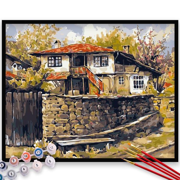 Kit pictura pe numere, panza, rama lemn, pensule si culori acrilice, 40x50 cm, peisaje, m1263