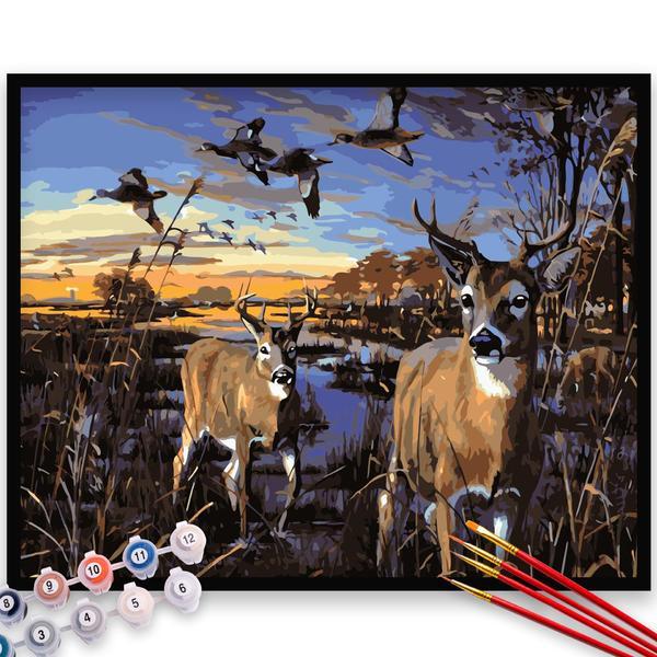 Kit pictura pe numere, panza, rama lemn, pensule si culori acrilice, 40x50 cm, animale, m399