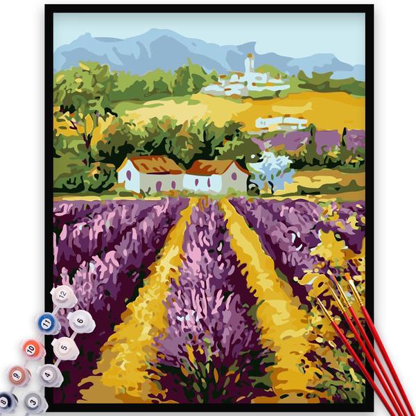 Kit pictura pe numere, panza, rama lemn, pensule si culori acrilice, 40x50 cm, toamna, m1625