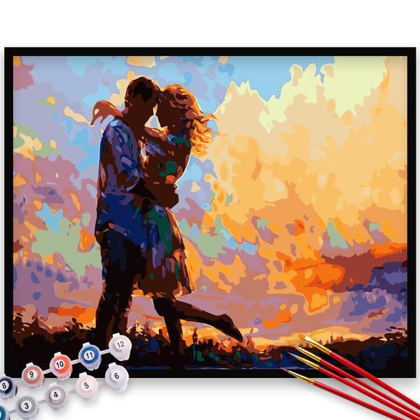 Kit pictura pe numere, panza, rama lemn, pensule si culori acrilice, 40x50 cm, iubire, m844