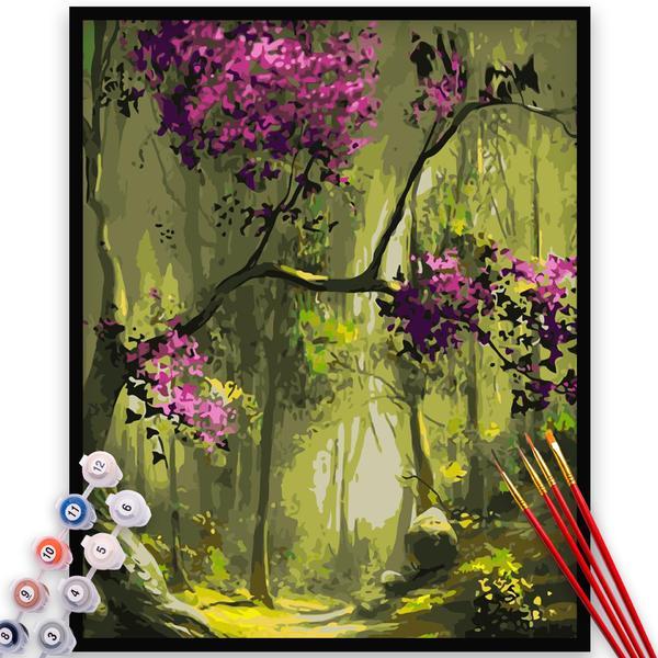 Kit pictura pe numere, panza, rama lemn, pensule si culori acrilice, 40x50 cm, flori, m714