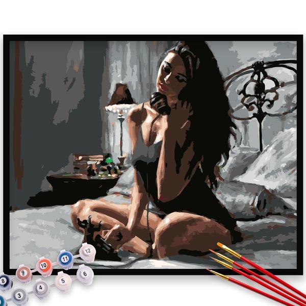Kit pictura pe numere, panza, rama lemn, pensule si culori acrilice, 40x50 cm, erotic, m500