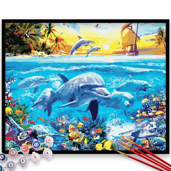 Kit pictura pe numere, panza, rama lemn, pensule si culori acrilice, 40x50 cm, animale, m244