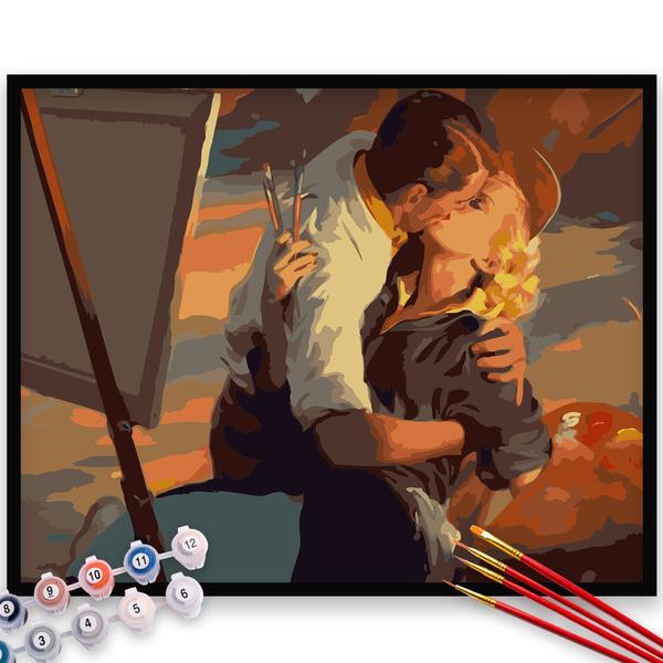 Kit pictura pe numere, panza, rama lemn, pensule si culori acrilice, 40x50 cm, iubire, m805
