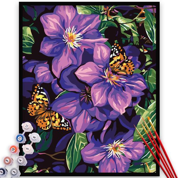 Kit pictura pe numere, panza, rama lemn, pensule si culori acrilice, 40x50 cm, flori, m711