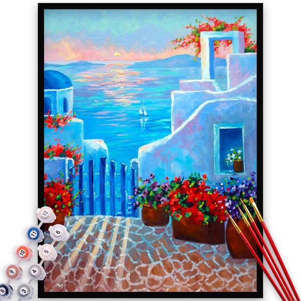 Kit pictura pe numere, panza, rama lemn, pensule si culori acrilice, 40x50 cm, peisaje, m1163