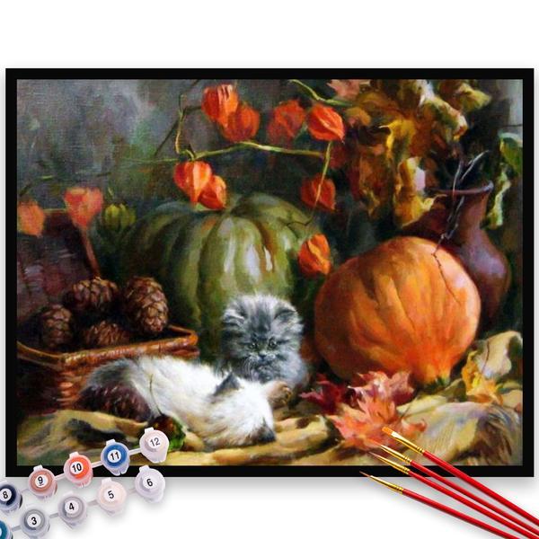 Kit pictura pe numere, panza, rama lemn, pensule si culori acrilice, 40x50 cm, animale, m280