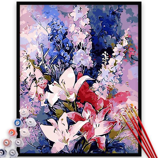 Kit pictura pe numere, panza, rama lemn, pensule si culori acrilice, 40x50 cm, flori, m663