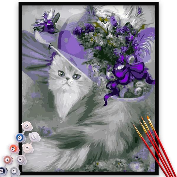 Kit pictura pe numere, panza, rama lemn, pensule si culori acrilice, 40x50 cm, animale, m271