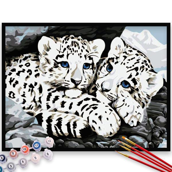 Kit pictura pe numere, panza, rama lemn, pensule si culori acrilice, 40x50 cm, animale, m224