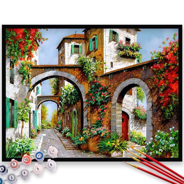 Kit pictura pe numere, panza, rama lemn, pensule si culori acrilice, 40x50 cm, peisaje, m1116