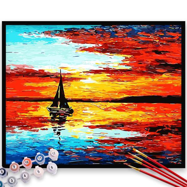 Kit pictura pe numere, panza, rama lemn, pensule si culori acrilice, 40x50 cm, peisaje, m1147