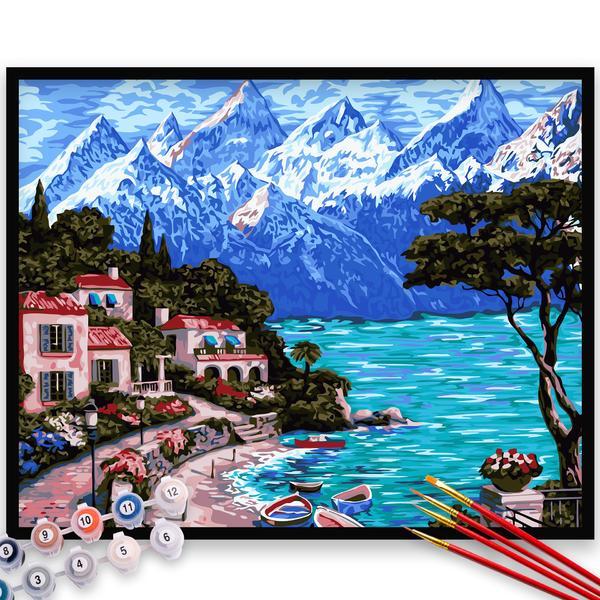 Kit pictura pe numere, panza, pensule si culori acrilice, 90x120 cm - fara rama, peisaje, m950