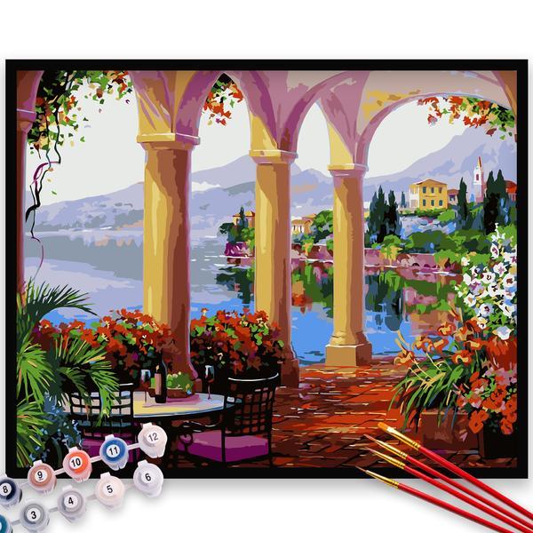 Kit pictura pe numere, panza, pensule si culori acrilice, 90x120 cm - fara rama, peisaje, m946