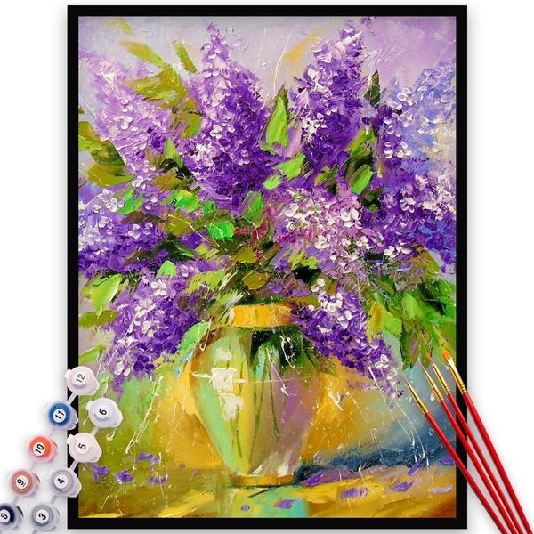 Kit pictura pe numere, panza, pensule si culori acrilice, 90x120 cm - fara rama, flori, m527