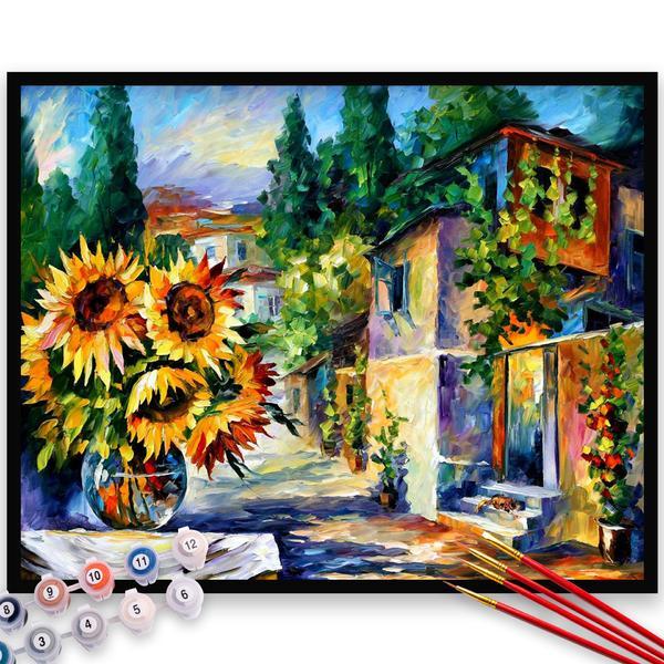 Kit pictura pe numere, panza, pensule si culori acrilice, 90x120 cm - fara rama, flori, m524