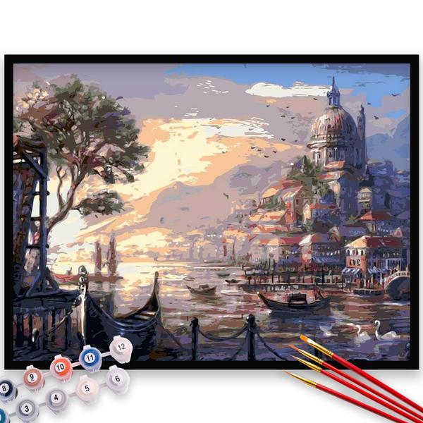 Kit pictura pe numere, panza, pensule si culori acrilice, 90x120 cm - fara rama, peisaje, m933