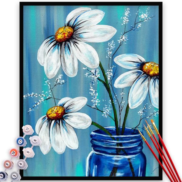 Kit pictura pe numere, panza, pensule si culori acrilice, 90x120 cm - fara rama, flori, m525