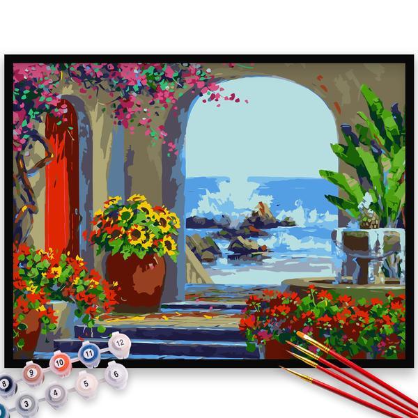 Kit pictura pe numere, panza, pensule si culori acrilice, 80x100 cm - fara rama, peisaje, m965