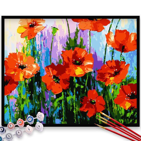 Kit pictura pe numere, panza, pensule si culori acrilice, 80x100 cm - fara rama, flori, m542