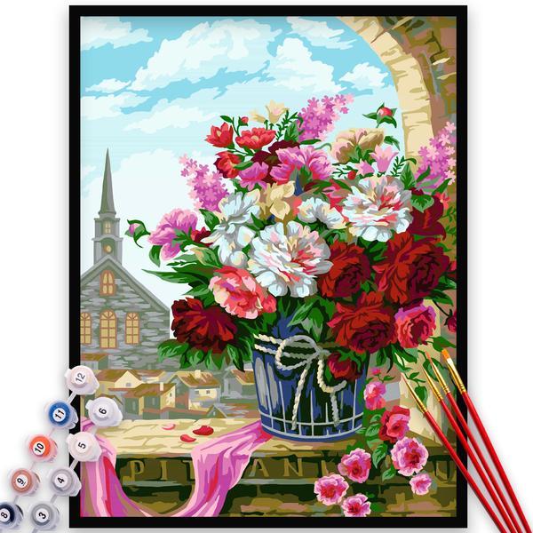 Kit pictura pe numere, panza, pensule si culori acrilice, 70x90 cm - fara rama, flori, m555