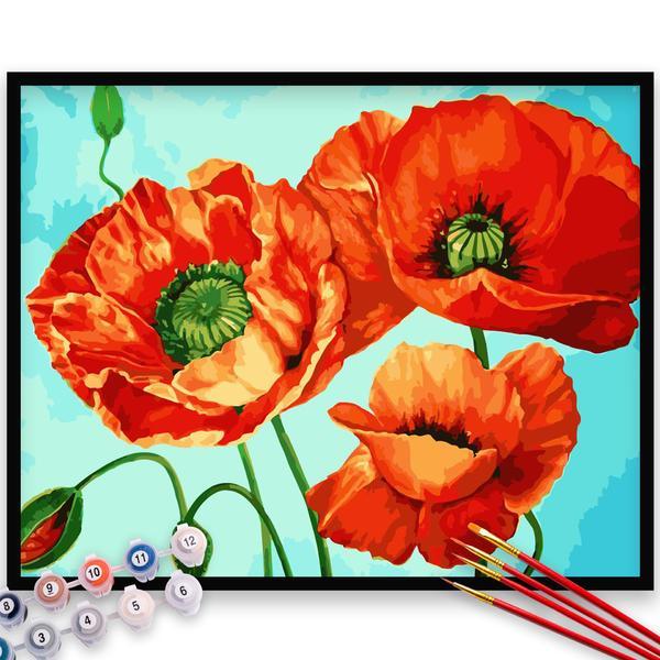 Kit pictura pe numere, panza, pensule si culori acrilice, 70x90 cm - fara rama, flori, m550