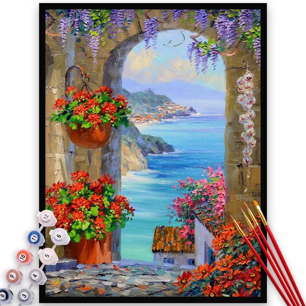 Kit pictura pe numere, panza, pensule si culori acrilice, 70x90 cm - fara rama, peisaje, m973