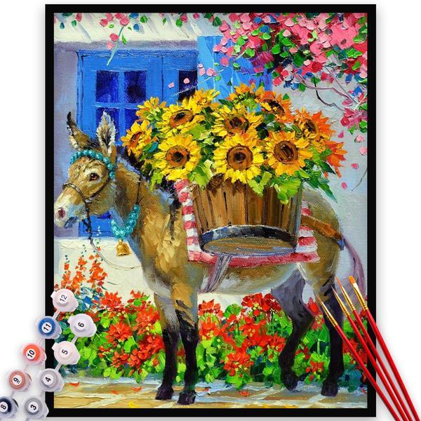 Kit pictura pe numere, panza, rama lemn, pensule si culori acrilice, 40x50 cm, animale, m164