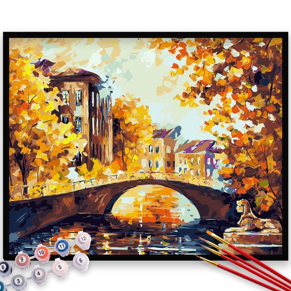 Kit pictura pe numere, panza, rama lemn, pensule si culori acrilice, 50x65 cm, toamna, m1585