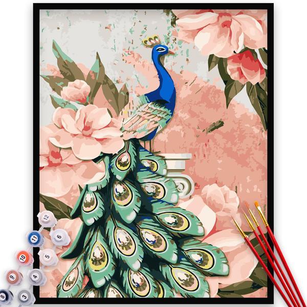 Kit pictura pe numere, panza, rama lemn, pensule si culori acrilice, 50x65 cm, flori, m572