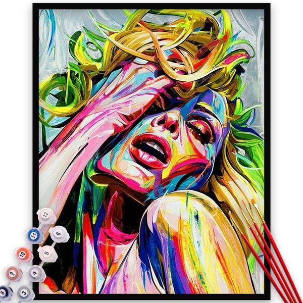 Kit pictura pe numere, panza, rama lemn, pensule si culori acrilice, 50x65 cm, portret, m1305