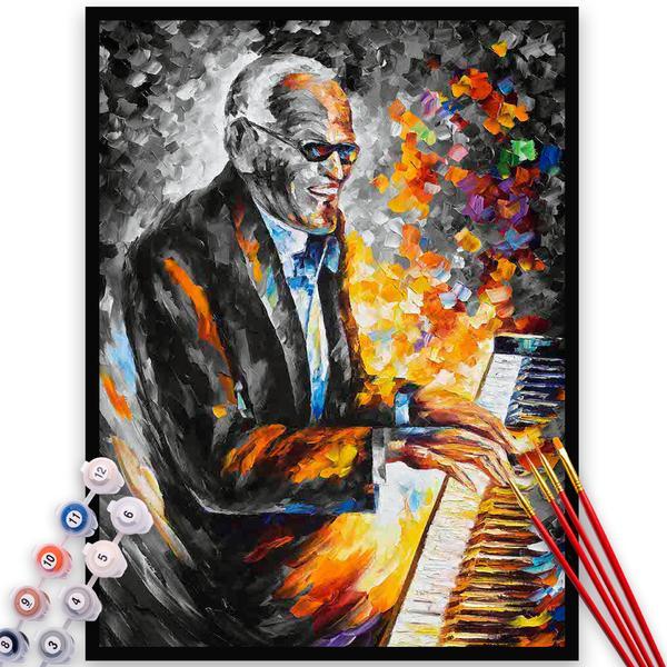 Kit pictura pe numere, panza, rama lemn, pensule si culori acrilice, 40x50 cm, muzica, m866