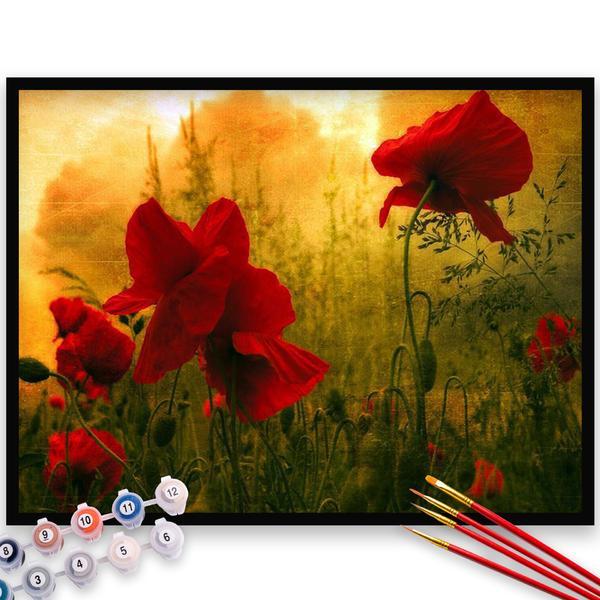 Kit pictura pe numere, panza, rama lemn, pensule si culori acrilice, 40x50 cm, flori, m687