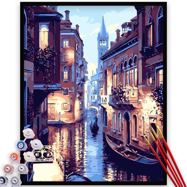 Kit pictura pe numere, panza, rama lemn, pensule si culori acrilice, 40x50 cm, peisaje, m1171