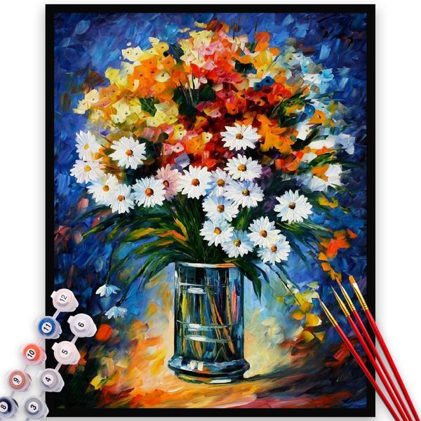Kit pictura pe numere, panza, rama lemn, pensule si culori acrilice, 40x50 cm, flori, m658