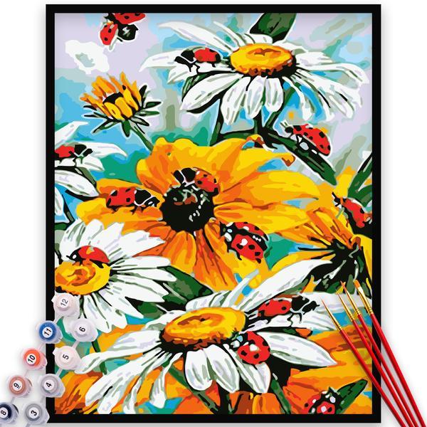 Kit pictura pe numere, panza, rama lemn, pensule si culori acrilice, 60x75 cm, flori, m565