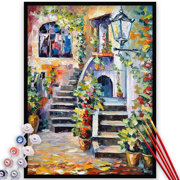 Kit pictura pe numere, panza, rama lemn, pensule si culori acrilice, 60x75 cm, flori, m560