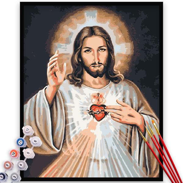 Kit pictura pe numere, panza, rama lemn, pensule si culori acrilice, 40x50 cm, religioase, m1509