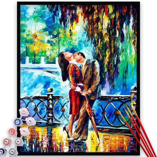 Kit pictura pe numere, panza, rama lemn, pensule si culori acrilice, 40x50 cm, iubire, m801