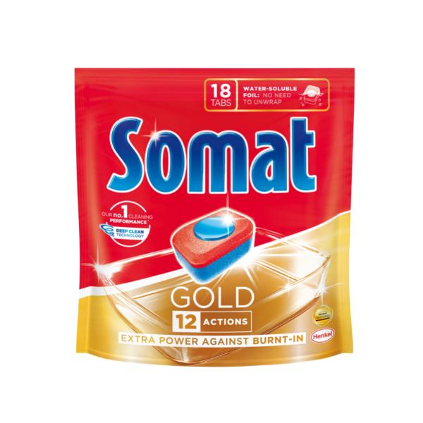 Detergent Tablete pentru Masina de Spalat Vase – Somat Gold 12 Actions Extra Power Against Burn-it, 18 buc