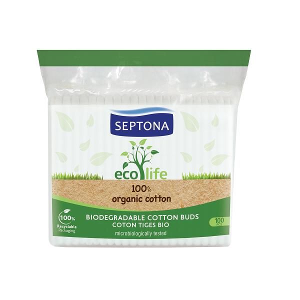 Betisoare de Urechi Biodegradabile din Bumbac Organic – Septona Eco Life 100% Organic Cotton Biodegradable Cotton Buds, 100 buc/ punga 100