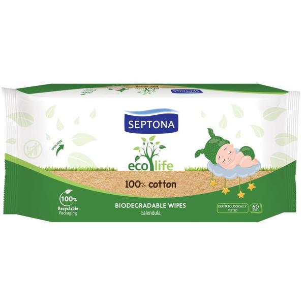 Servetele Umede Biodegradabile pentru Bebelusi - Septona Eco Life 100% Cotton Biodegradable Wipes, 60 buc