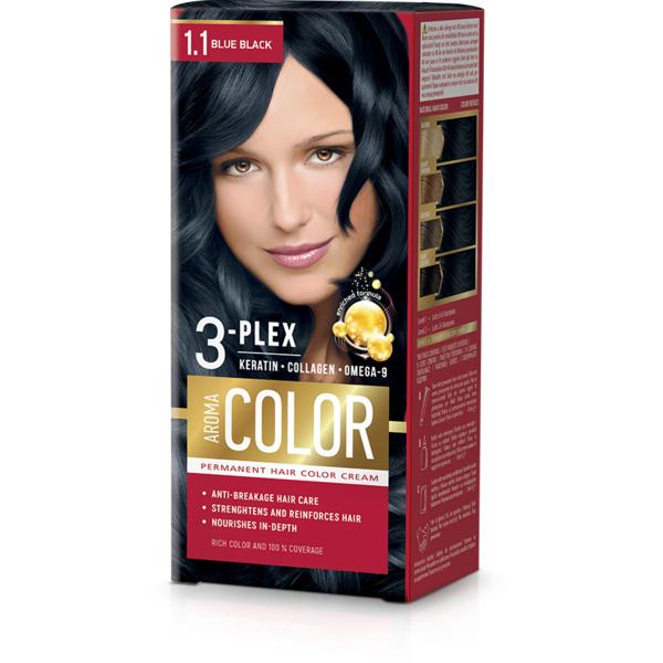 Vopsea Crema Permanenta - Aroma Color 3-Plex Permanent Hair Color Cream, nuanta 1.1 Blue Black, 90 ml